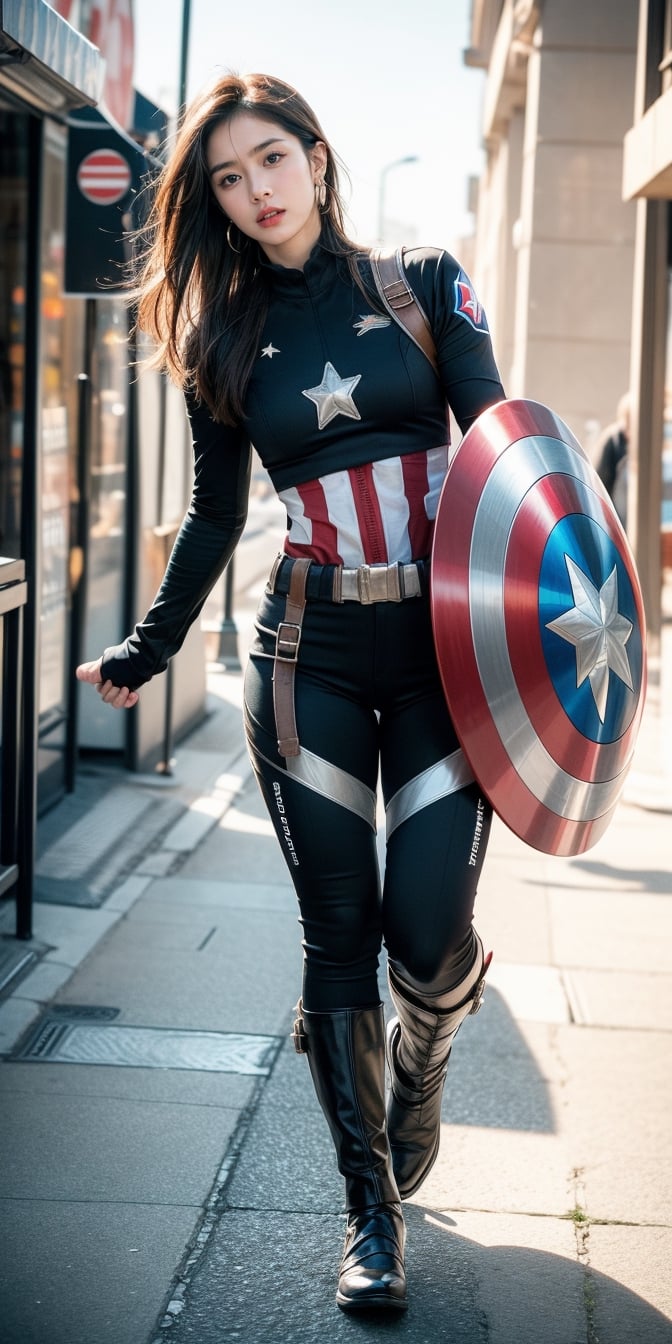 a beautiful and cute Woman wearing a  captain America suit and Without mask ,Without a helmet , disfigured forms, holding a Captain America's shield, looking at forward fighting pose.
walking in the street buying food for breakfast masterpiece, with ambience light, photorealistic, best quality, skin details, 8k intri, HDR, full_body, cinematic lighting, sharp focus, eyeliner, lips, earrings, hmmikasa,Detailedface,Extremely Realistic