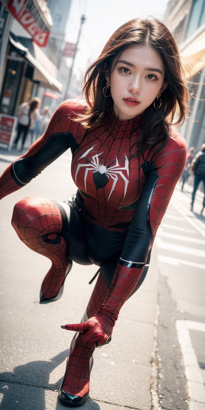 a beautiful and cute Woman wearing a  spider man suit and Without mask ,Without a helmet , disfigured forms, holding a sword, looking at forward fighting pose.
walking in the street buying food for breakfast masterpiece, with ambience light, photorealistic, best quality, skin details, 8k intri, HDR, full_body, cinematic lighting, sharp focus, eyeliner, lips, earrings, hmmikasa,Detailedface,Extremely Realistic