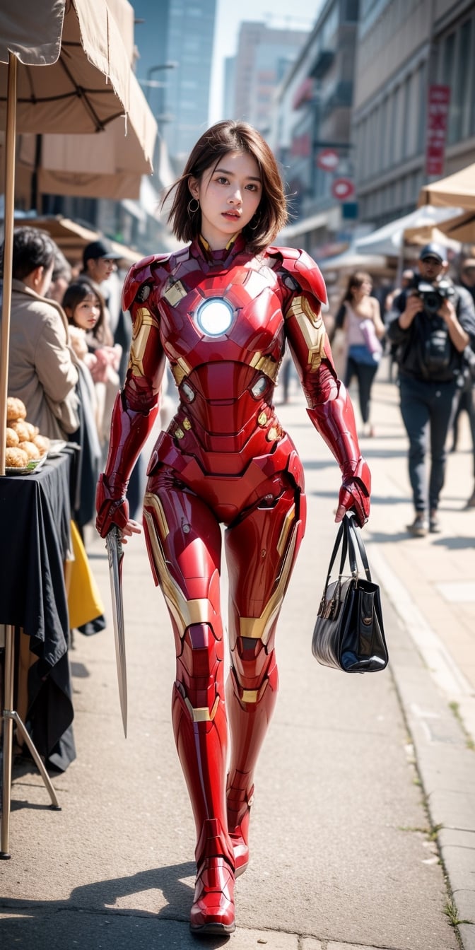 a beautiful and cute Woman wearing a  Mark XLIX Iron Man Armor suit and Without mask ,Without a helmet , disfigured forms, holding a sword, looking at forward fighting pose.
walking in the market buying food to break the fast masterpiece, with ambience light, photorealistic, best quality, skin details, 8k intri, HDR, half body, cinematic lighting, sharp focus, eyeliner, lips, earrings, hmmikasa,Detailedface,Extremely Realistic