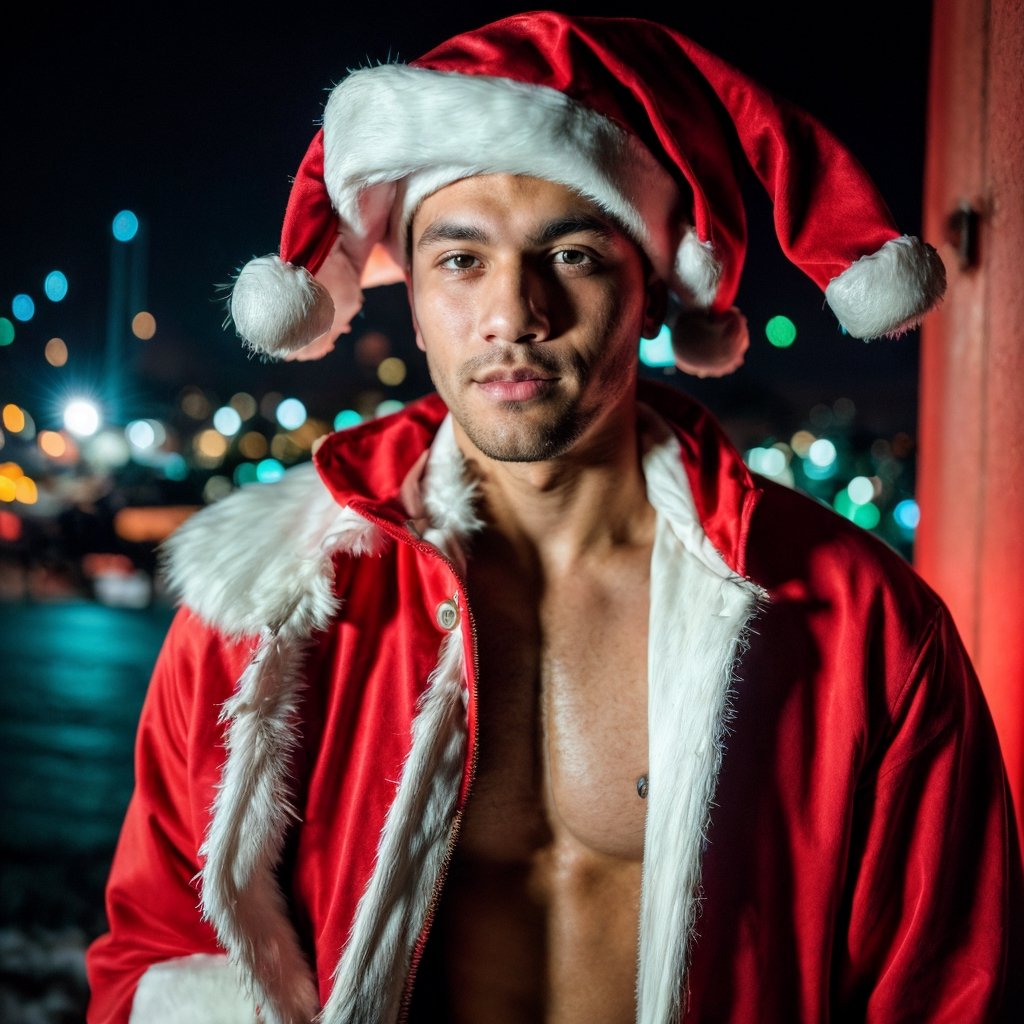 portrait shot, a photograph of a handsome muscular male teenager wearing santa costume in snowy cyberpunk city, neon lights, skyscrappers, 4k ultra hd, smooth picture, noise-free realism, sigma 85mm f/1.4,Realism, portrait, pov_eye_contact