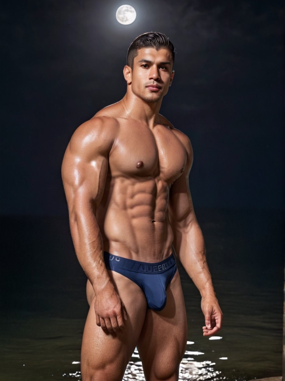 half protrait shot, a handsome muscular latino standing in the moon river, speedo bulge, pov_at_viewer, (at night):1.5, bulging biceps, chiseled physique, Arial view, photography, masterpiece, 4k, extremely realistic, noise-free realism, sigma 85mm f/1.4, more saturation