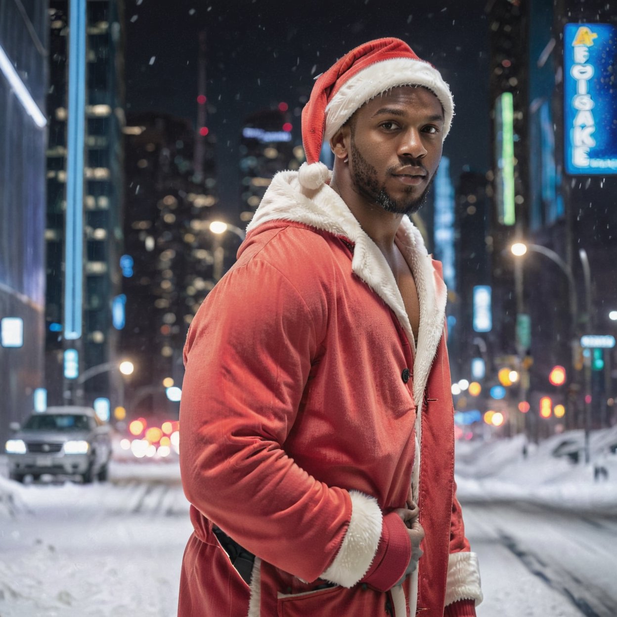 portrait shot, a photograph of a dark skin bearded handsome muscular male teenager wearing santa coat and santa hat, in a snowy cyberpunk city, neon lights, skyscrappers, perfect eyes, (at night):2, confident pose, photography, masterpiece, 4k ultra hd, soft lighting, extremely realistic, noise-free realism, sigma 85mm f/1.4, sexy muscular,Extremely Realistic,more saturation 