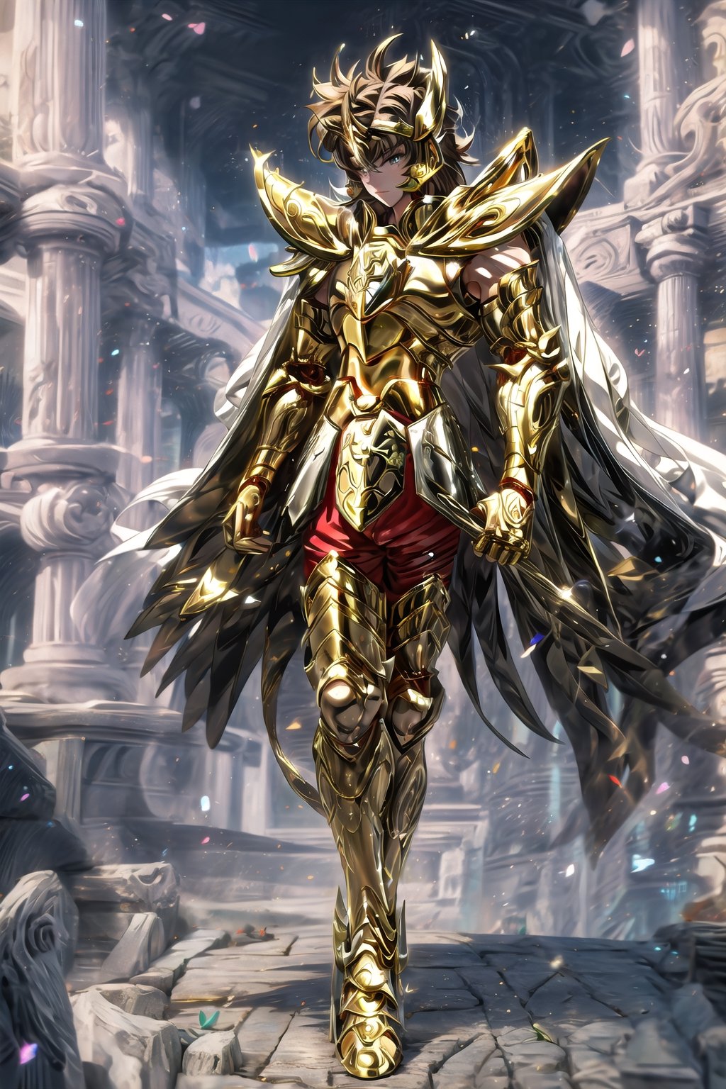 absurdres, highres, ultra detailed,Insane detail in face,  (boy:1.3), Gold Saint, Saint Seiya Style, Gold Armor, Full body armor, no helmet, Zodiac Knights, white long cape, brown hair, Asian Fighting style pose,Pokemon Gotcha Style, gold gloves, long hair, long white cape, messy_hair,  Gold eyes, black pants under armor, full body armor, beautiful old greek temple in the background, beautiful fields, full leg armor, ultrainstinct,FUJI,midjourney, battle_stance