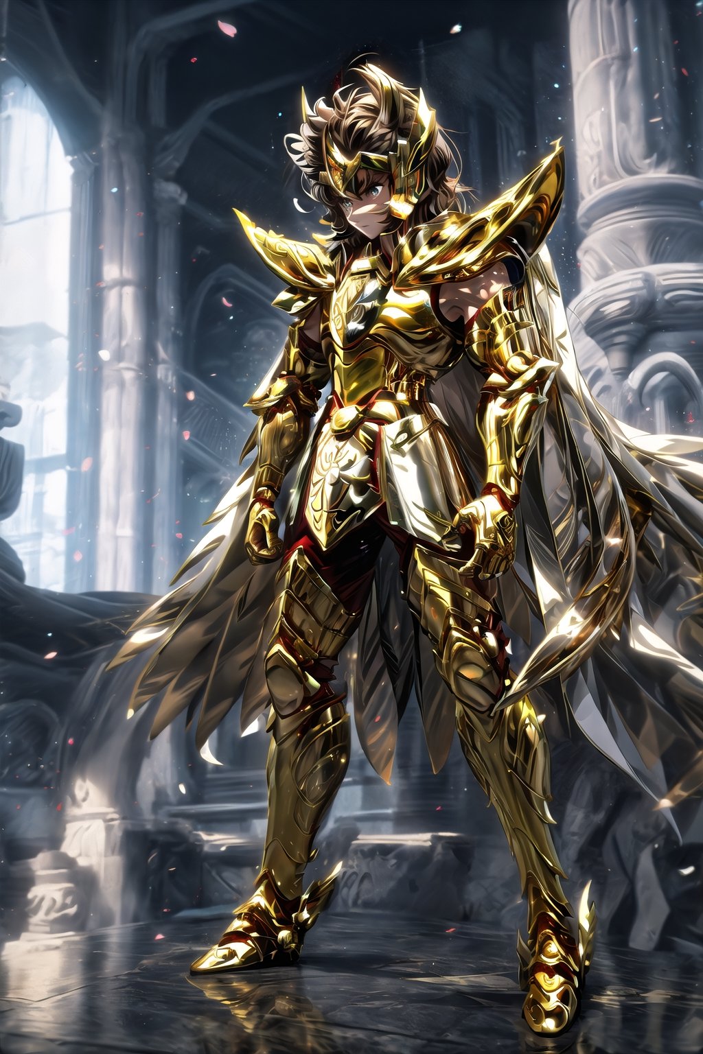 absurdres, highres, ultra detailed,Insane detail in face,  (boy:1.3), Gold Saint, Saint Seiya Style, Gold Armor, Full body armor, no helmet, Zodiac Knights, white long cape, brown hair, Asian Fighting style pose,Pokemon Gotcha Style, gold gloves, long hair, long white cape, messy_hair,  Gold eyes, black pants under armor, full body armor, beautiful old greek temple in the background, beautiful fields, full leg armor, ultrainstinct,FUJI,midjourney, battle_stance