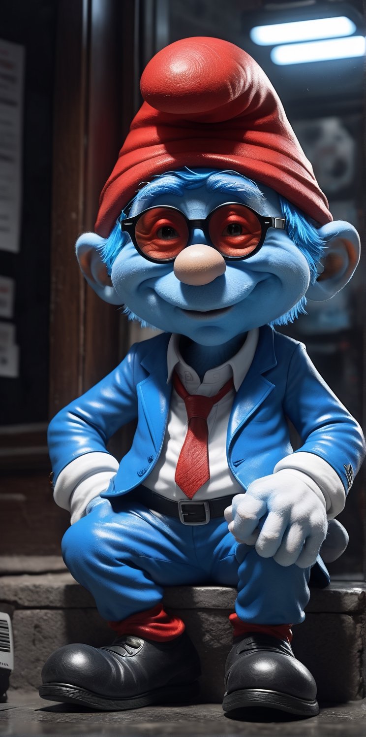 {{Random_Pose}} Anomorphic Papa Smurf,  Dingy, Dusty, reflection mapping, realistic figure, hyperdetailed, cinematic lighting photography, 32k uhd black lighting on suit, 
