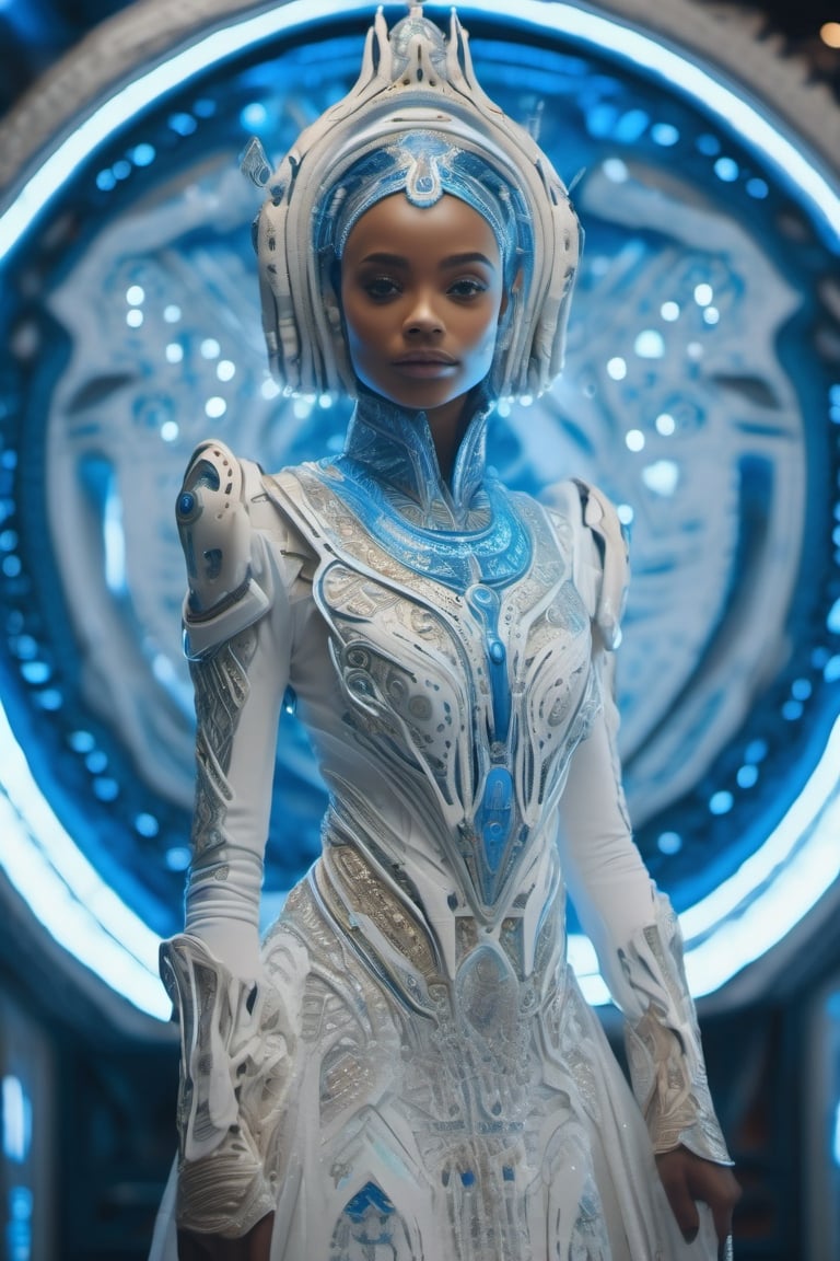 Raw photo, 8k, an alien airess in all white, intricate, creamy garbs flowing in the night air as she desends from an alien spacship overhead, vibrant blue colored metal framed spaceship with intricate arabic designs, 