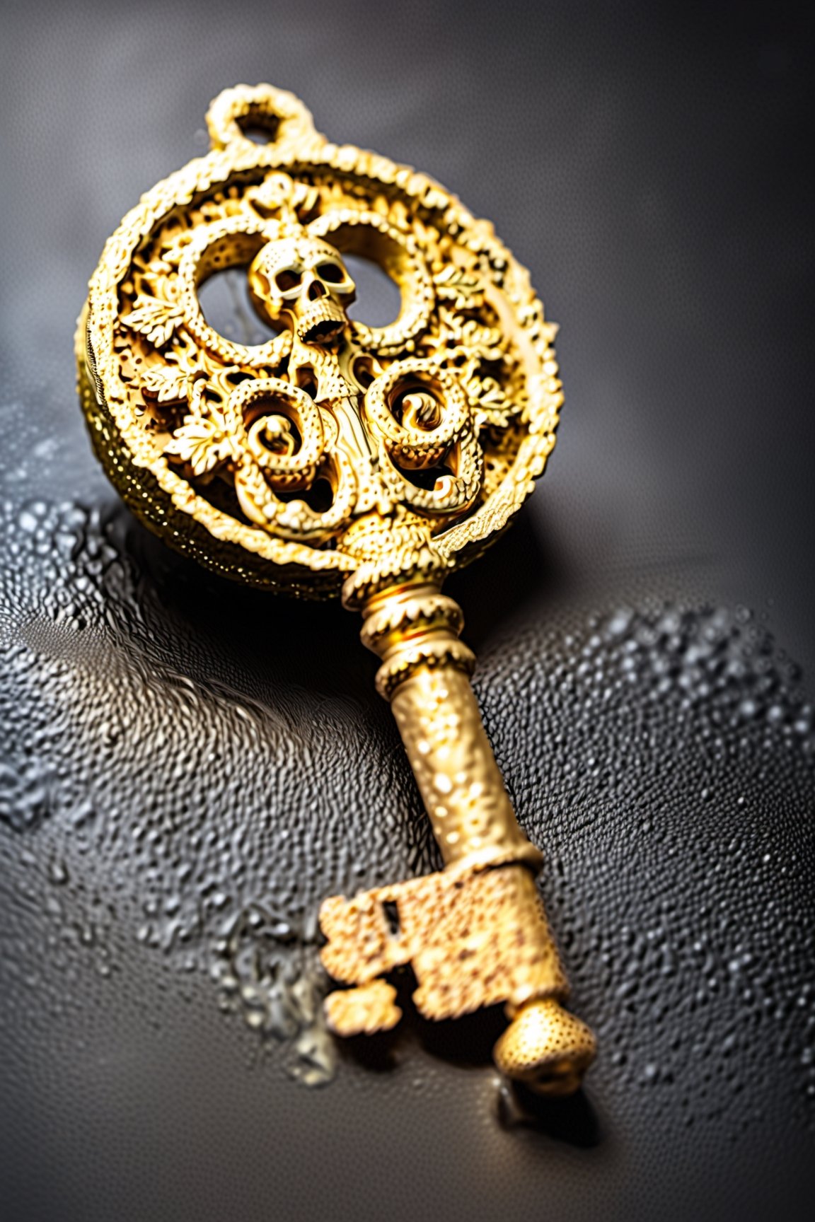 A melting gold Skeleton Key in front of a black rubber background. The key should be marvelous in gold color, detailed, worn, with scratches to enhance the worn look. The background should be made of rubber like a tire. with grooves and details to capture the eye. Raw photo,Ultra realistic 