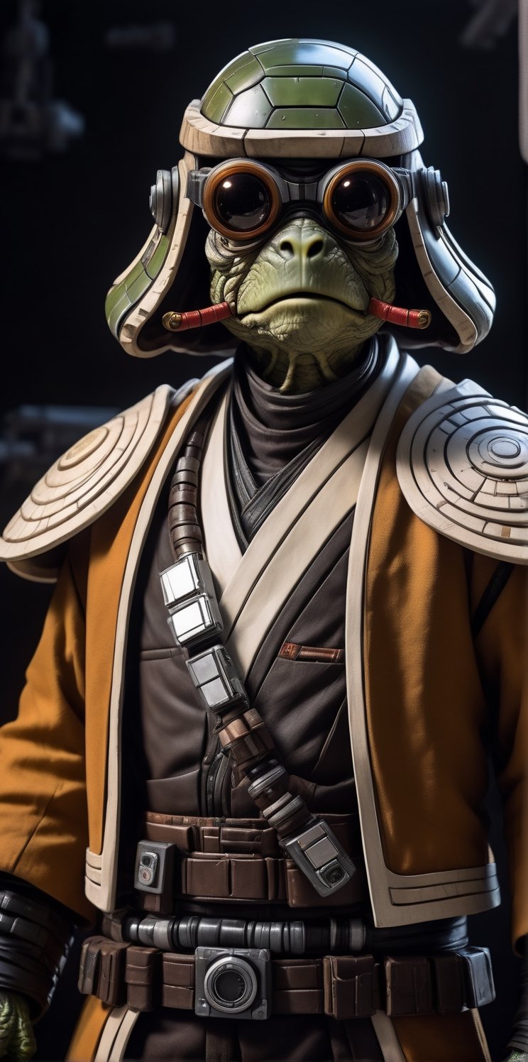 Hondo Ohnaka, Legendary space pirate and frenemy to the Jedi, wearing a turtle shell like helmet, dingy brown goggles, blaster pistols, sinister glare, tall, skinny, slender, reflection mapping, realistic figure, hyperdetailed, cinematic lighting photography, 32k uhd black lighting on suit, 
