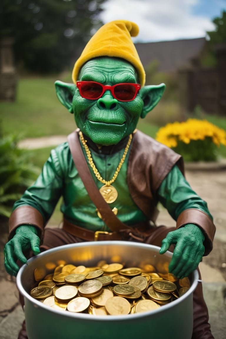 raw photo, DSLR, super_detailed, high_res, A leprechuan alien descending on a mysterious, glowing, pot of gold, complete with shiny coins, and glowing pulsating energy fields, The Alien should have a dingy green suit that flows in the night sky, a tall, dingy green top hat with a gold buckle, and a long, dingy, red beard with pubic like hairs.