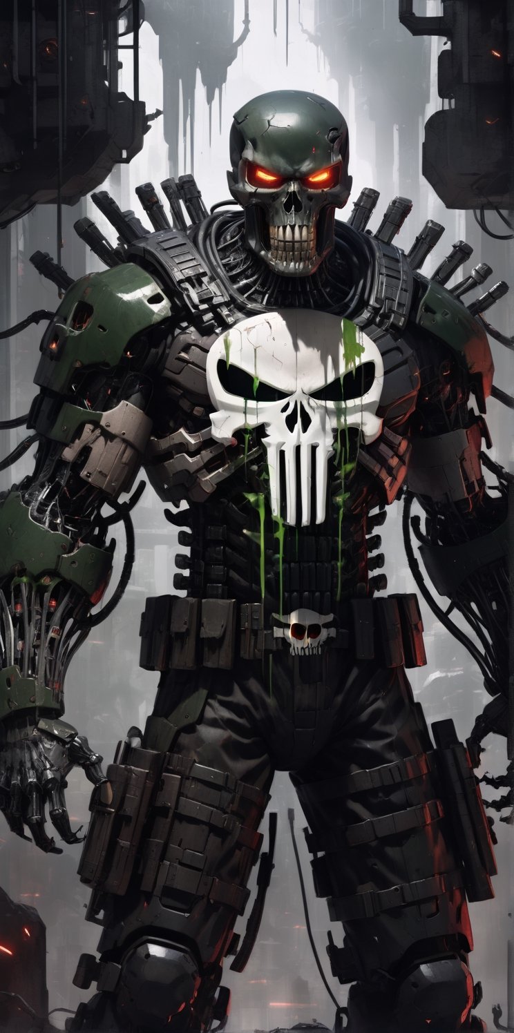 (the punisher skull, dingy, bloody, worn, inprint pertruding through stomach)
In the dimly lit depths of a futuristic laboratory, stands the Sinister Cyborg, a menacing figure of advanced technology and malevolent intent. Its towering presence is marked by a fusion of human and machine, with cold steel augmentations melded seamlessly with organic remnants.

The cyborg's eyes glow with an eerie red hue, resembling reticles of precision targeting systems, hinting at its deadly accuracy in combat. From its shoulders protrude tactical weapons, sleek and deadly, ready to unleash devastation at a moment's notice.

Oozing from various mechanical crevices and joints, a sickly green substance drips, forming a pool of toxic ooze at the cyborg's feet. This drooling ooze exudes an aura of corruption and decay, hinting at the dark experiments that birthed this abomination.

At the base of the cyborg, a massive tank-like structure provides stability and power. Tubes and wires snake out from the tank, connecting to the cyborg's body, feeding it with the energy necessary for its sinister machinations.

The scene is shrouded in shadows, adding to the sense of foreboding and mystery surrounding this malevolent creation. The Sinister Cyborg stands as a guardian of darkness, with glowing green eyes, a relentless force of destruction lurking in the shadows, ready to unleash chaos upon its unsuspecting foes