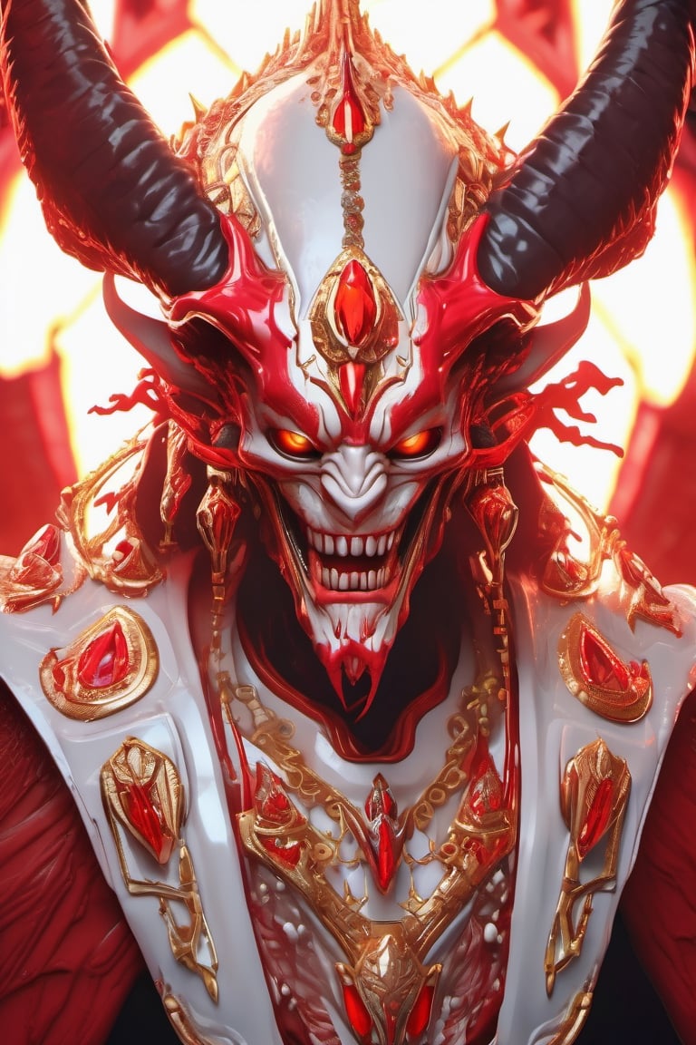 Raw photo, 8k, an alien red demon king with a sinister grin showing gnarly teeth, oozing slime, wet, dripping, in all white and vibrant Glowing red intricate garbs flowing in the night air as he descends from an alien spacship overhead, vibrant red colored metal framed spaceship with intricate arabic designs, he has bull like horns, super_detailed and has glowing golden gems,monster,DonMN1gh7D3m0nXL,BugCraft