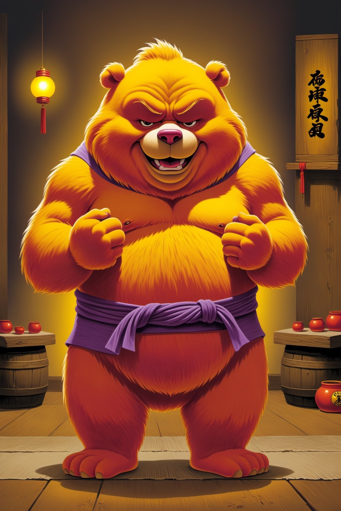 Create an illustration of a skinny, old, blind kung-fu master Care Bear standing in an old dojo. The Care Bear should be blind with long fu man chu mustache, and have a sinister expression, dark sunglasses, and yellow, dusty fur. The dojo should be dingy, have ominous lighting and be unkept, with an array liqour and bonsai trees on display in the background.,<lora:659095807385103906:1.0>,<lora:659095807385103906:1.0>