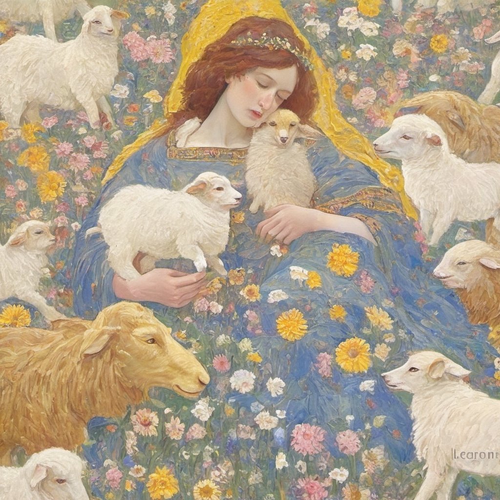 Composition of Gustav Klimt's "The Virgin", flowers, sheep, sheepdog, grassland, freedom, soul, digital illustration, approaching perfection, dynamic, highly detailed,  artstation, concept art, sharp focus, in the style of artist like Gustav Klimt, artistic oil painting stick