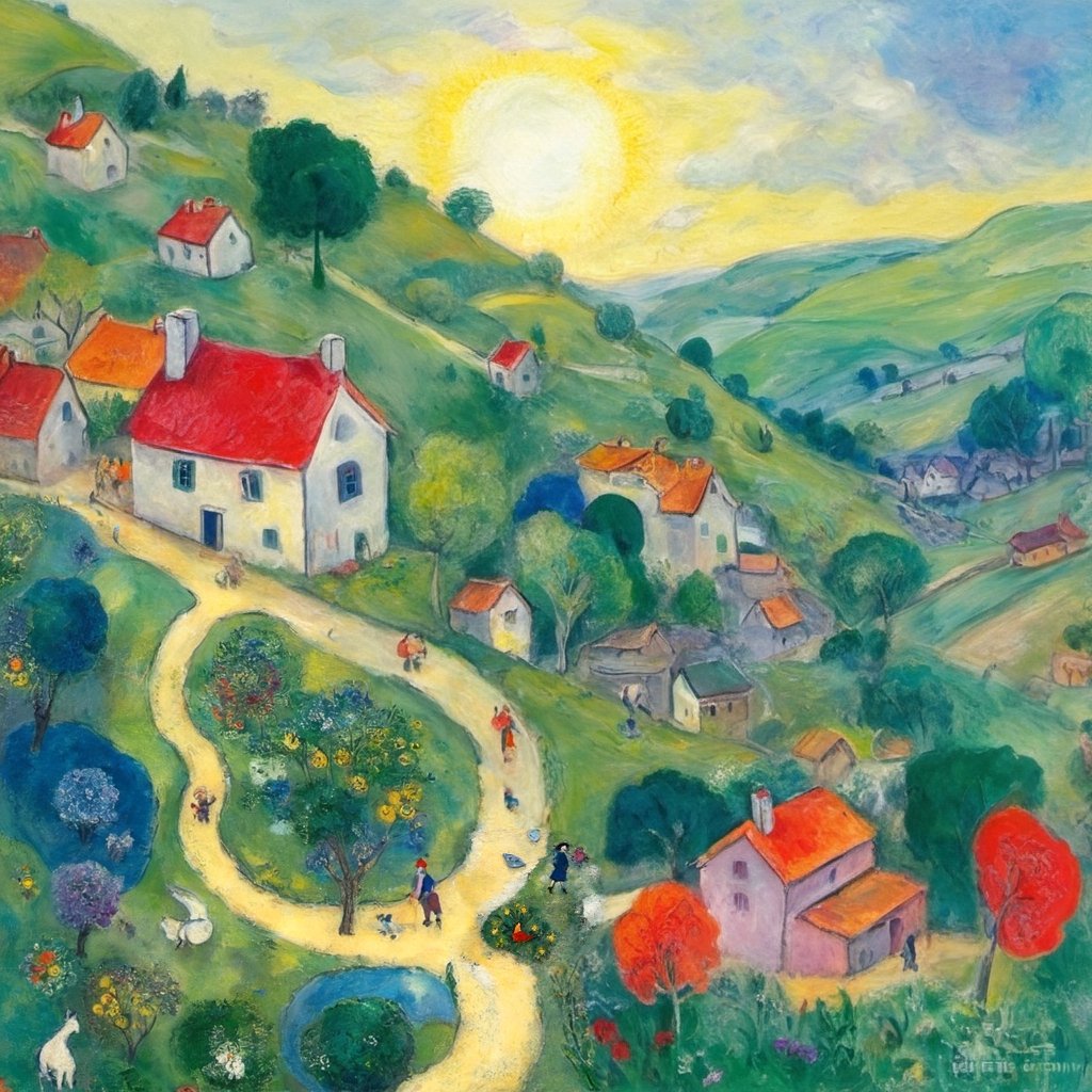 I and village by Marc Chagall, freedom, soul, digital illustration, approaching perfection, Pooh takes up a small part of the picture,dynamic, highly detailed,  artstation, concept art, sharp focus, in the style of artist like  Marc Chagall  ,artistic oil painting stick