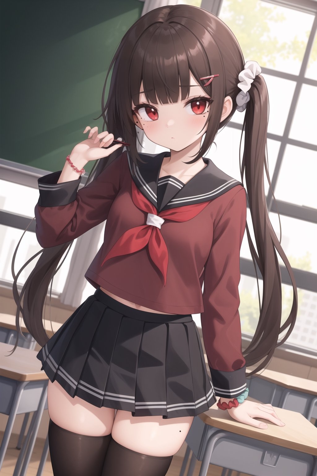 little girl,long hair, bangs, brown hair, black hair, hair ornament, red eyes, twintails, very long hair, hairclip, blunt bangs, mole under eye, low twintails, scrunchie, hair scrunchie, red scrunchie, skirt, shirt, thighhighs, long sleeves, bow, school uniform, pleated skirt, serafuku, miniskirt, black skirt, sailor collar, mole, bracelet, zettai ryouiki, plaid, plaid skirt, red shirt, black sailor collar, red thighhighs, indoors, classroom, looking at viewer, dutch angle, cowboy shot,