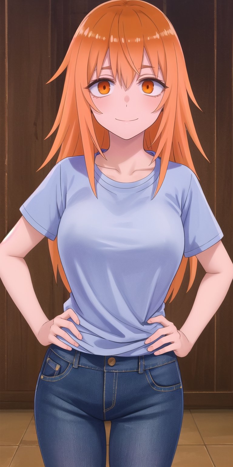 (masterpiece), best quality, high resolution, extremely detailed, detailed background, perfect lighting,maki gamou, long hair, orange hair, (orange eyes:1.3), sanpaku, (t-shirt:1.5), denim shorts, pantyhose, collarbone, light smile, joyful eyes, cute pose, BREAK indoors, hot springs, BREAK looking at viewer, (cowboy shot:1.5), BREAK, (masterpiece:1.2), best quality, high resolution, unity 8k wallpaper, (illustration:0.8), (beautiful detailed eyes:1.6), extremely detailed face, perfect lighting, extremely detailed CG, (perfect hands, perfect anatomy), solo, hands on own hips,