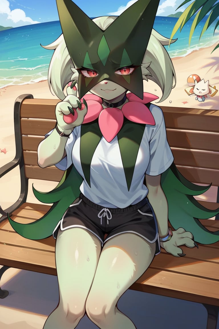 score_9, score_8_up, score_7_up, source_anime, 1girl, Meowscarada, pokemon, pokemon_(creature), female_furry, outdoors, beach, shirt, shorts, choker, black choker, bench, sitting, looking at viewer, cowboy shot, dutch angle, embarrassed, smile, solo