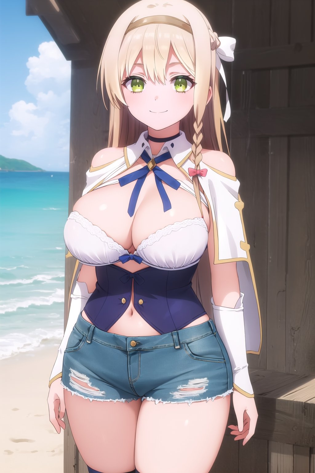 (((masterpiece))),(((best quality))), ((high resolution)), (((highly detailed))),kaoruko klaudia valentz, long hair, blonde hair, bow, ribbon, (green eyes:1.3), braid, hairband, side braid,beach,bra, denim shorts,evil smile, arrogant, standing,curvy_figure,large thighs, narrow waist, large breasts 