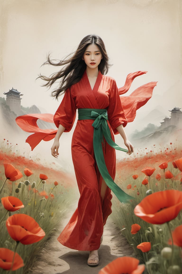 A beautiful Chinese girl with long hair with green ribbon, wearing a red hafu with a yellow veil walking on the path in the poppies field, her skirt waving in the wind, minimalist pencil strokes, splashes of ink on crumpled old paper.