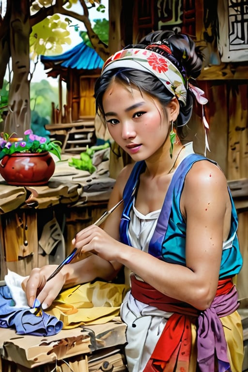 watercolor painting mixed with strokes of ink colors, unkempt, irregular, stained and wet, portrait of a beautiful Chinese tribal woman, unkempt hair tied with a local headband, jewelry, dressed in a multi-colored loincloth  and red belly band, she is embroidering the local fabric in front of her wooden cabin, the flowering tree near a stone well, on granulated light brown paper.