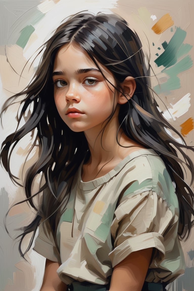 🌵🎈🌵

a young girl in a moment of quiet contemplation. Rendered with expressive brushstrokes and a muted palette. loose lines creates a sense of movement and energy. The girl's dark hair, with its wild strands suggesting a free spirit.