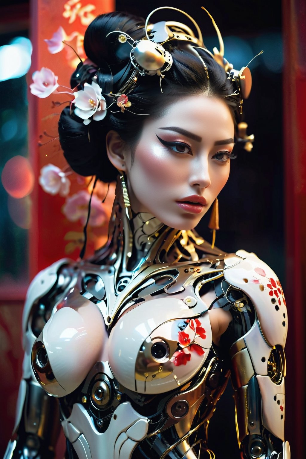 Full body shot, Molten filigree, techno-futuristic, Showing the whole body, full body, She looked at the audience, facing straight ahead, A sorrowful android geisha, tears streaming down her porcelain cheeks, her mechanical heart breaking in silent agony. This evocative image depicts a painted portrait, capturing every intricate detail of her artificial anguish. Delicate wires peek through her synthetic skin, her eyes shimmering with programmed emotion, conveying a profound sense of longing and loss. The artist's skill is evident in the lifelike depiction, highlighting the juxtaposition of her robotic nature and deep human sorrow. Cyberpunk geisha.