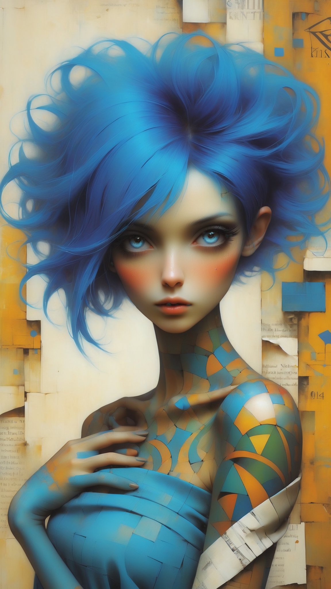 Blue short hair, bold cut, off shoulder tank shirt, fashion pose, beautify tattoo on one shoulder, graffiti newspaper background, Head to shoulders shot, art by Wadim Kashin, Nicoletta Ceccoli. Klimt style.