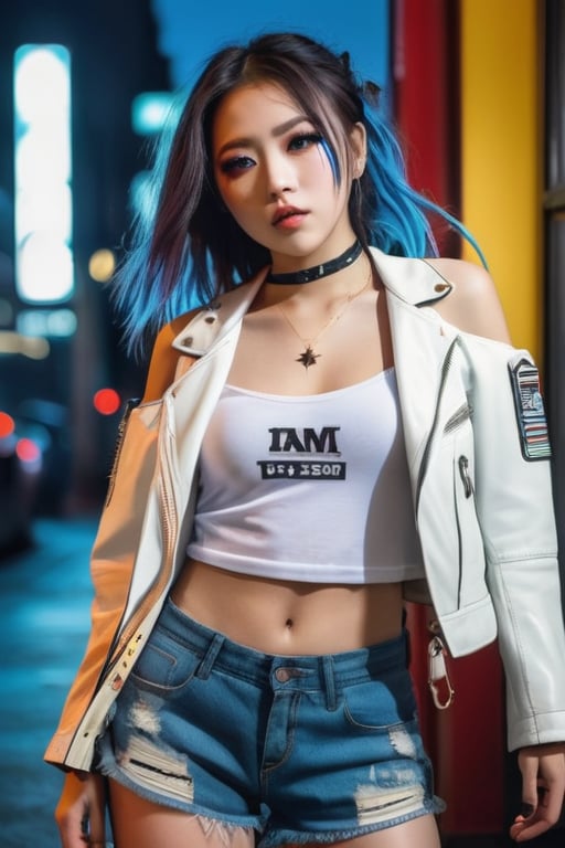  a beautiful asian woman, pretty face, (cold attitude, eyeshadow, heavy eyeliner:2.0) dreadlocks with multi color straps , wearing unbuttoned  white leather jacket over a red off-shoulder tanktop printed with a yellow star, a low-waist blue ripped short denim, multicolore leather bracelets, leather boots, white leather gloves, doing DAB pose, dark background of dystopian city, 1girl , splash detailed, surreal dramatic lighting shadow (lofi, analog), kodak film by Brandon Woelfel Ryan McGinley.