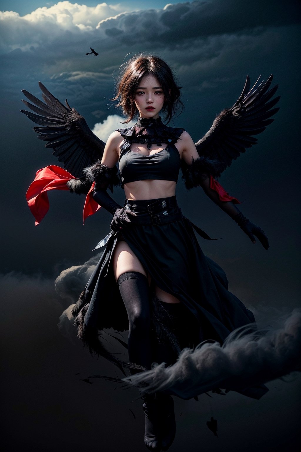 (((masterpiece))),best quality, extremely detailed CG unity 8k, illustration, contour deepening beautiful detailed glow,(beautiful detailed eyes), (1 girl:1.1), ((Bana)), large top sleeves, Floating black ashes, Beautiful and detailed black, red moon, ((The black clouds)), (black Wings) , a black cloudy sky, burning, black dress, (beautiful detailed eyes), black expressionless, beautiful detailed white gloves, (crow), bat, (floating black cloud:1.5),white and black hair, disheveled hair, long bangs, hairs between eyes, black knee-highs, black ribbon, white bowties, midriff,{{{half closed eyes}}},((Black fog)), Red eyes, (black smoke), complex pattern, ((Black feathers floating in the air)), (((arms behind back)))