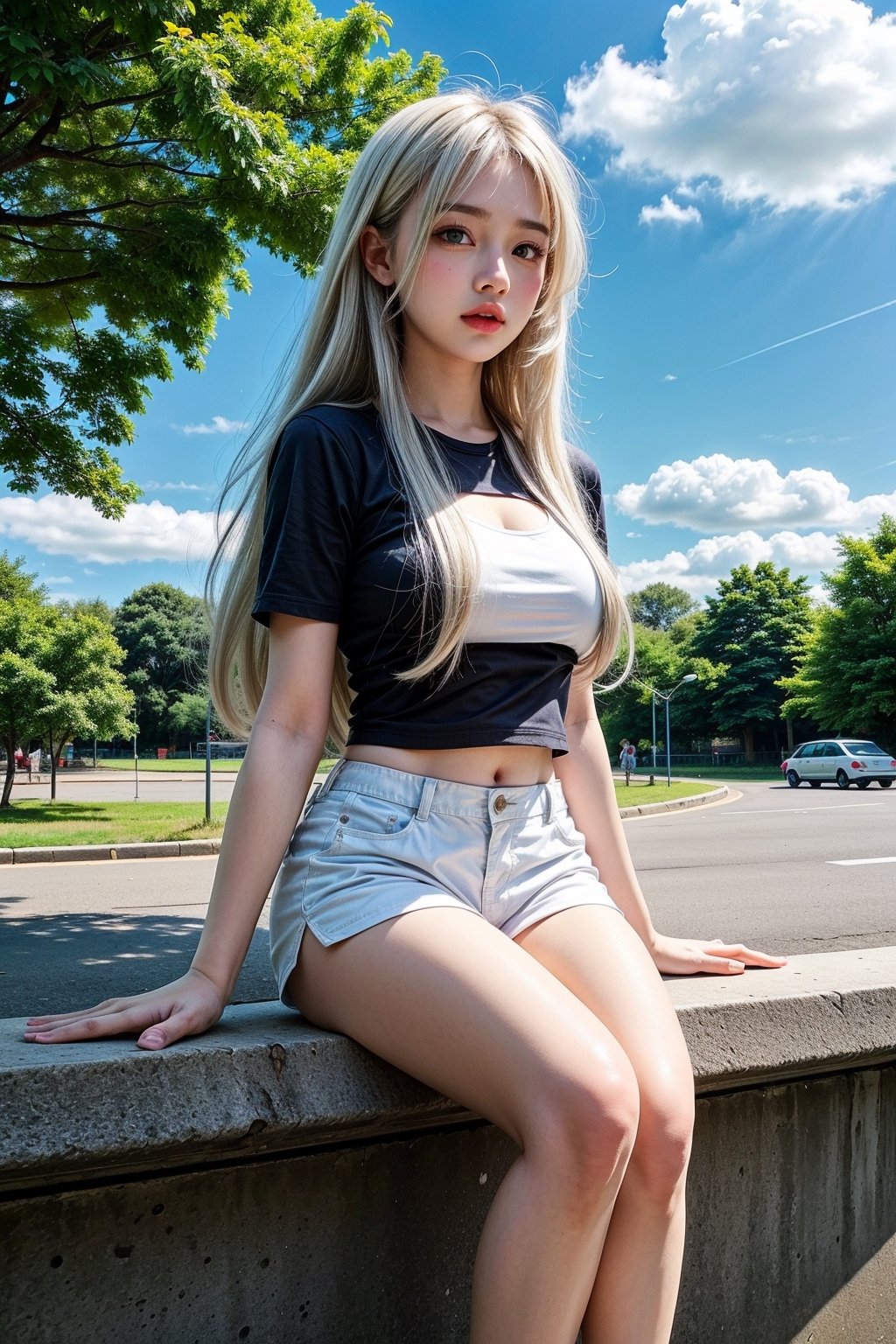 1girl, long hair, White hair, red eyes, jitome, flat chest, sitting, on park, day, blue Sky, clouds, black shorts, White shirt, long legwears, camera