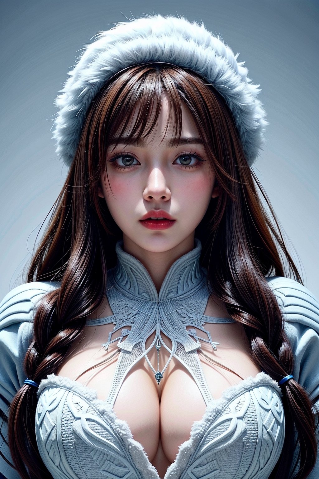 Illustrate a girl with the power of ice, featuring ice-white hair and clothing, set in a snowy landscape. Emphasize (((intricate details))), (((highest quality))), (((extreme detail quality))), and a (((captivating winter composition))). Use a palette of cool blues and whites, drawing inspiration from artists like Artgerm, Sakimichan, and Stanley Lau,midjourney