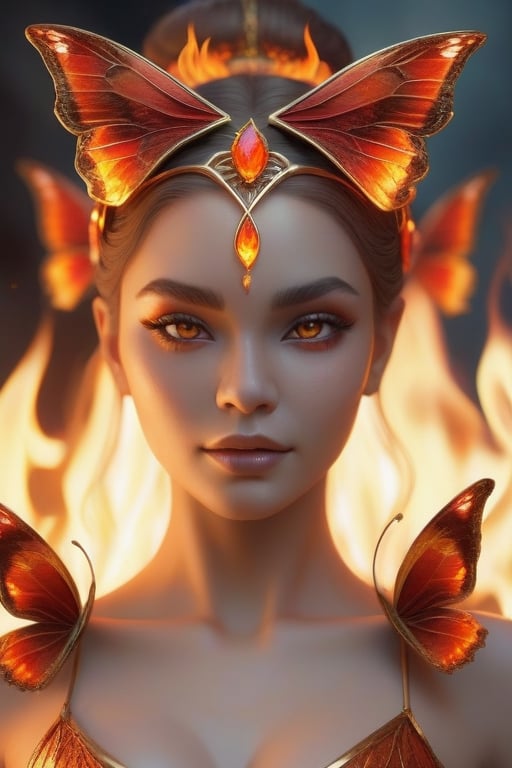 ['a close up of a woman with a fire headpiece on, the butterfly goddess of fire, beautiful fantasy art portrait, stunning 3d render of a fairy, unreal engine render + a goddess, goddess of fire, fire goddess, beautiful fantasy portrait, lava and fire goddess, 3 d goddess portrait, the fire goddess, goddess of the underworld, appears as the fire goddess']