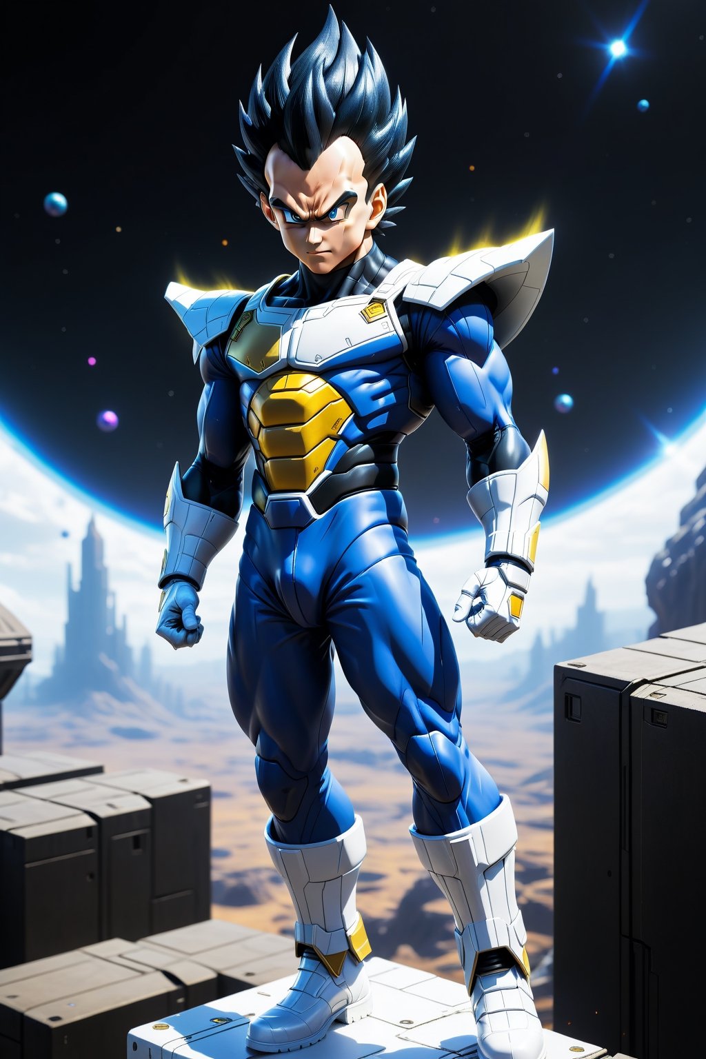 Vegeta from dragon ball with cyber chest armor, in a futuristic planet, flying outspace, no helmet, white and yellow chest, blue pants, white gloves, white boots, evil, jumping, black hair,cyber_armor,cyberpunk style