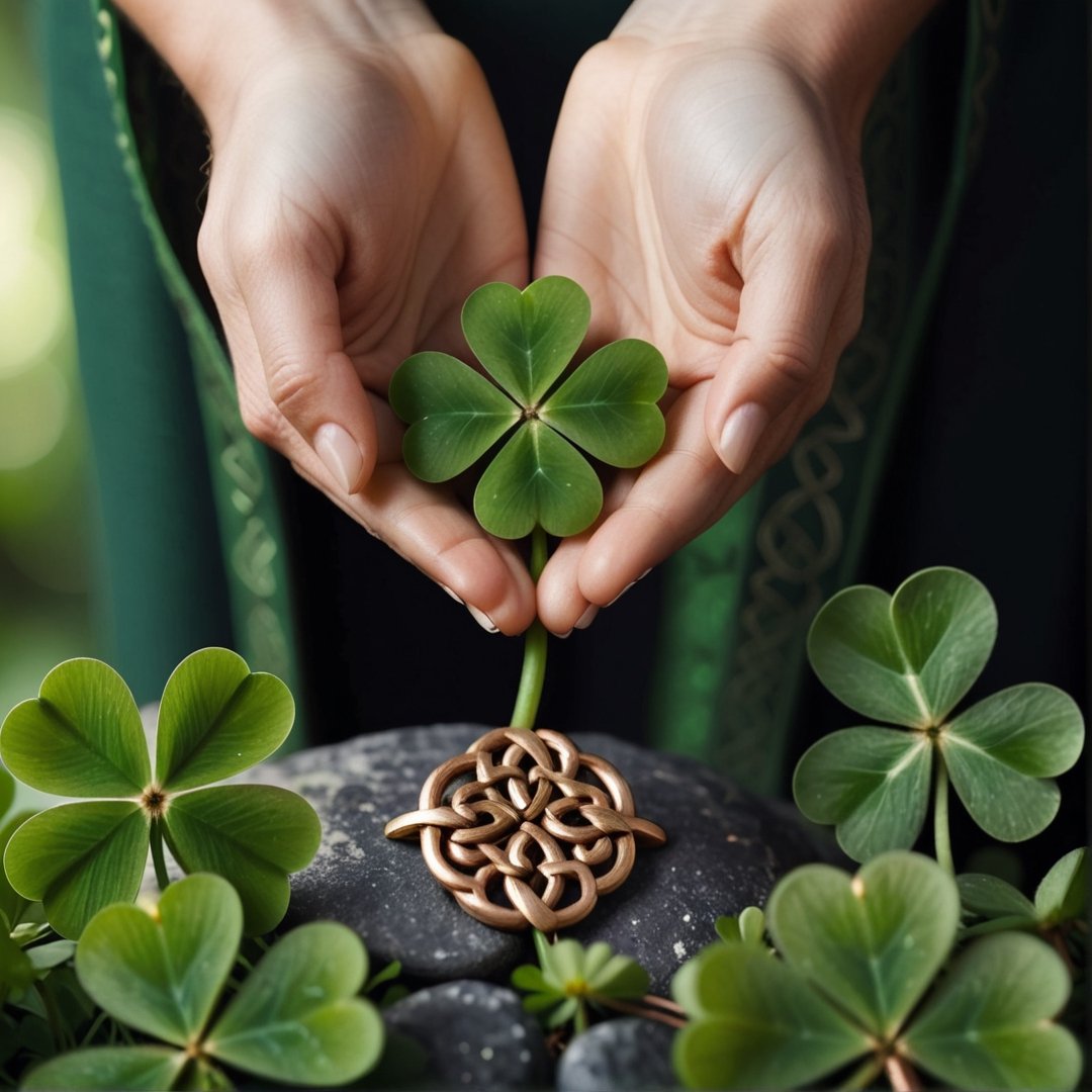 Super closeup shot, pair of Hands holding bunch of lucky clovers and little stone celtic knots, detailed, perfect hands, no extra fingers, hand pointing down
,Lucky Clover
