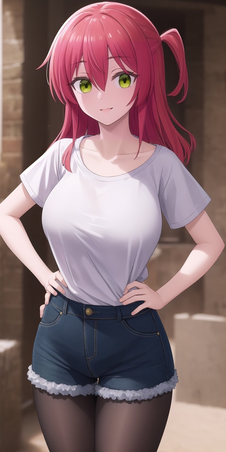 (masterpiece), best quality, high resolution, extremely detailed, detailed background, perfect lighting,ikuyo kita, (green eyes:1.5), hair between eyes, long hair, one side up, red hair, (t-shirt:1.5), denim shorts, pantyhose, collarbone, light smile, joyful eyes, cute pose, BREAK indoors, hot springs, BREAK looking at viewer, (cowboy shot:1.5), BREAK, (masterpiece:1.2), best quality, high resolution, unity 8k wallpaper, (illustration:0.8), (beautiful detailed eyes:1.6), extremely detailed face, perfect lighting, extremely detailed CG, (perfect hands, perfect anatomy), solo, ultra beautiful, ((((feminine)))),hands on own hips,wide hips,huge breasts,slim figure,