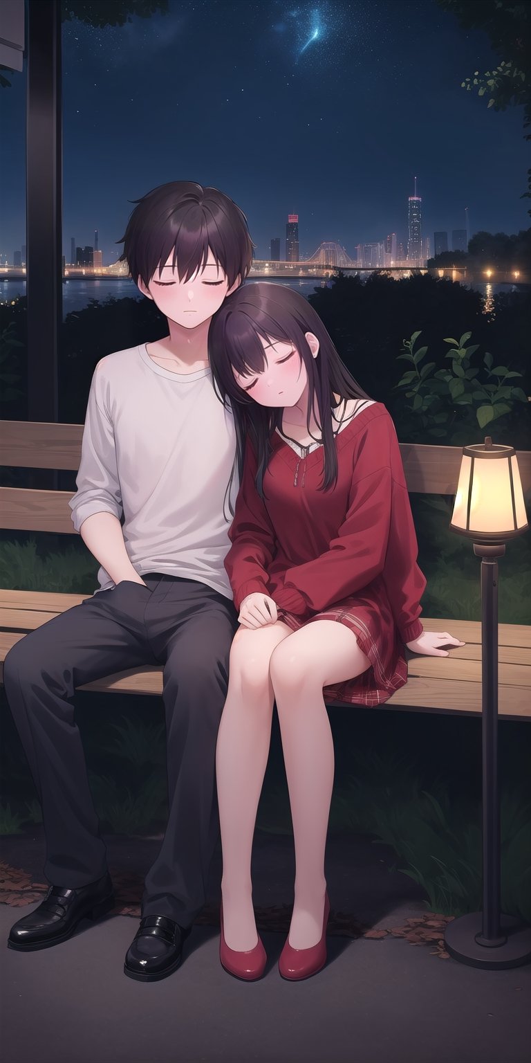 (masterpiece), (1boy and 1girl,couple:1.1), closed eyes, sleeping upright, sleeping on person, sitting, leaning on person,park,midnight,lamp lights
