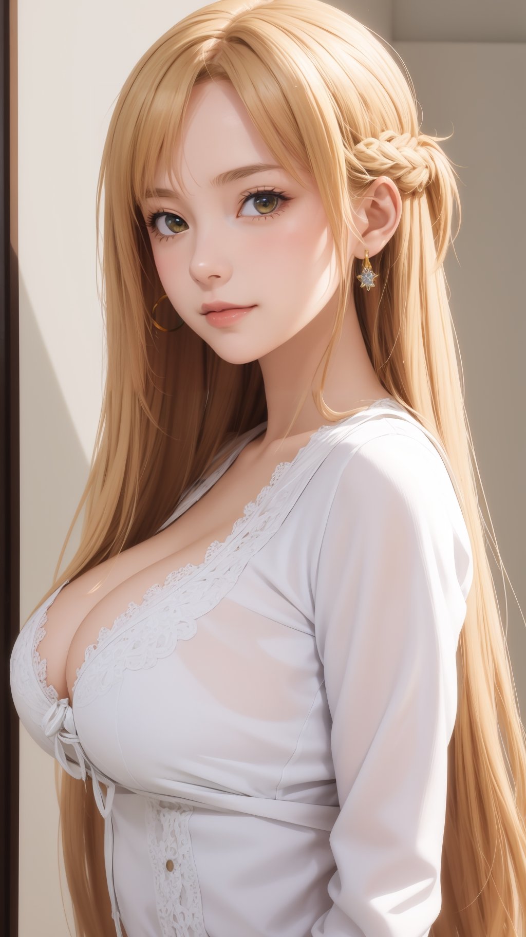 (masterpiece, best quality), intricate details, 1girl, long hair, blond hair, (smile:0.5), white_blouse, looking_at_viewer, bare_breasts, aaasuna