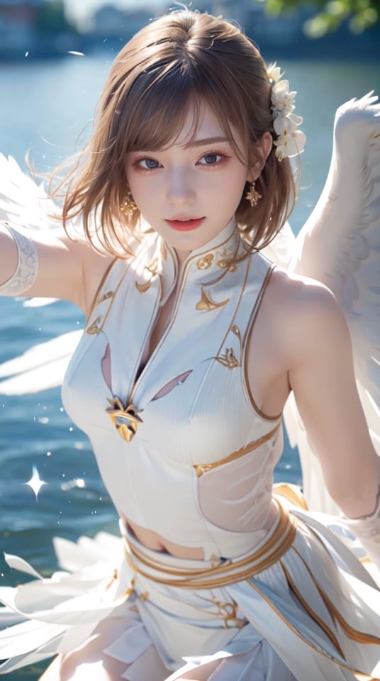 (best quality,masterpiece:1.2),ultra detailed,(photo realistic:1.4),solo,cute girl,white wings,on the water,phaser_dancing,1 girl,Japanese girl,ellafreya