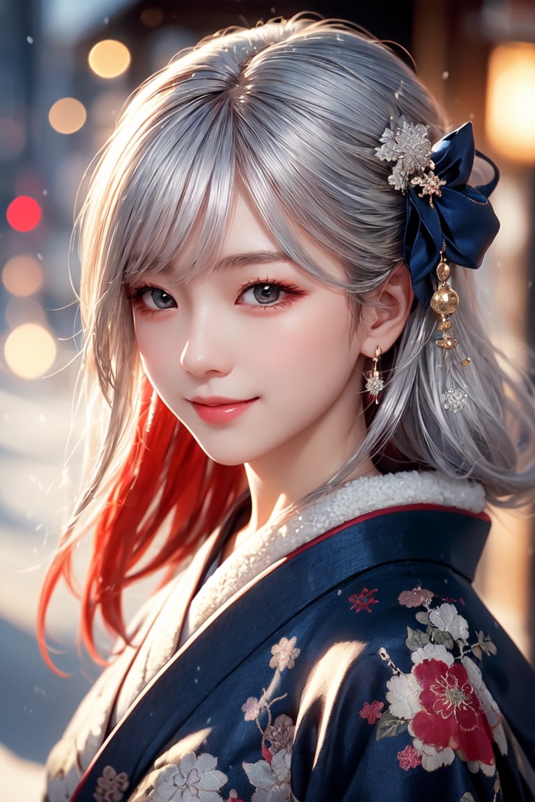 Warm lighting, beautiful Japanese girl, detailed face, shy smile, black eyes, straight silver hair, luxurious red hairpin, details (brocade kimono of dark blue silk fabric), Kyoto, outdoor, winter, snow, upper body, realistic ,Japanese girl