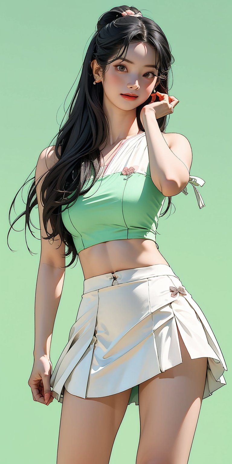 1girl, standing, thigh up body, ((looking at viewer, tennis girl outfit, midriff,)) center opening, 2D artstyle, outline, earings, blush, green background, hairstyle, ultra detailed, best quality, sharp focus, ,DiaSondef,dahyunlorashy