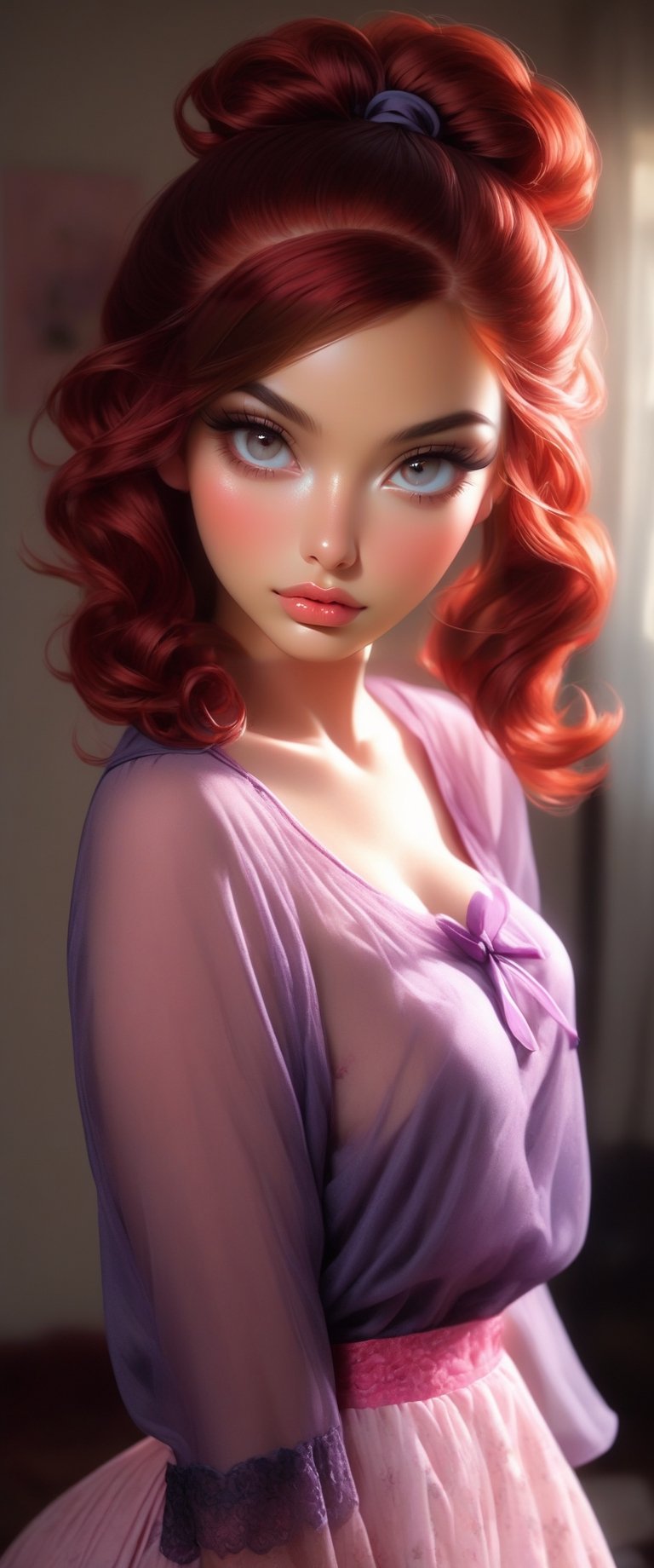 A woman 25 yo, 34 D cup, with curled red hair in pigtails, raising long skirt, full body, large detailed eyes, fantasy, stockings, sheer robe, flirty, playful pose, close-up
