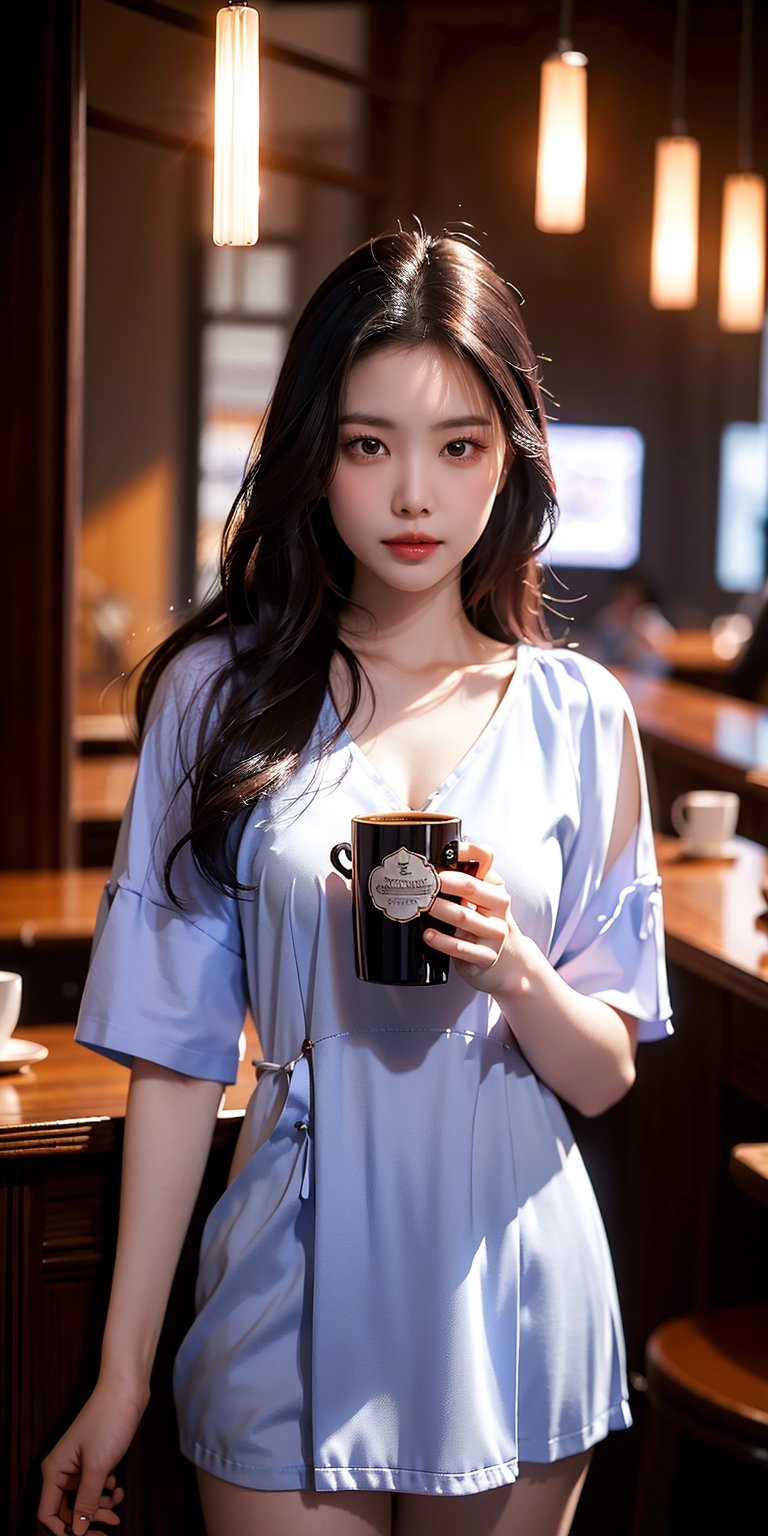 , highres, masterpiece, perfect lighting, bloom, cinematic lighting, adult, asian female, 1girl, , , , having morning coffee, coffee mug, mug, saloon,m_kayoung,bibilorashy, , 