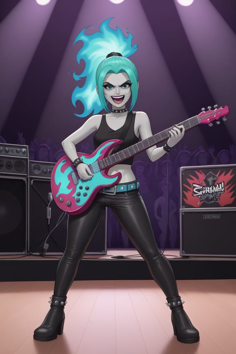 Extremely Realistic, zzEmber, ponytail, aqua hair, grey skin, goth, big belt, blue fire, playing electric guitar, concert stage, laughing,