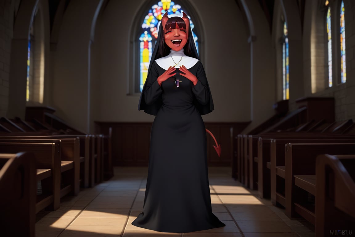 Meru the Succubus, red skin, glowing yellow eyes, short devil horns, short black hair, nun, church, laughing, mischievous, 1girl, full_body_view