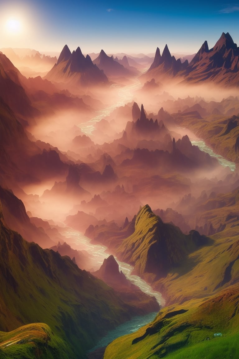 Vast Norwegian mountain range, beautiful sunrise, early morning, there is a distant village in the valley, insanely detailed, high resolution, hyper-detailed river, cinematic dramatic lighting, morning Fog, hyper-detailed trees, beautiful, bh5347ghth, hyper-detailed waterfall, 4k resolution, majestic, photo-realistic, ultra realism,xyzabcwalls, magnificent