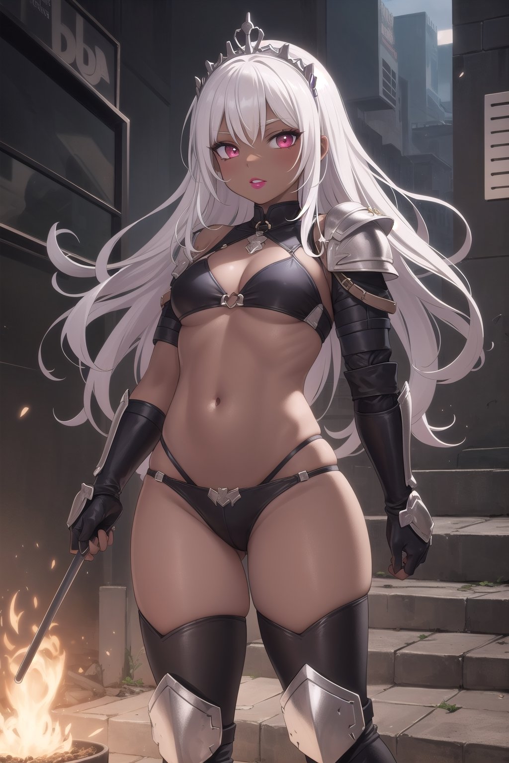 dark skin, bikini armor, plate armor, eyeshadow, lipstick, metal gloves, adult woman, skindendation, long hair, neck armor, shoulder armor, armored boots, hip armor, armored tiara