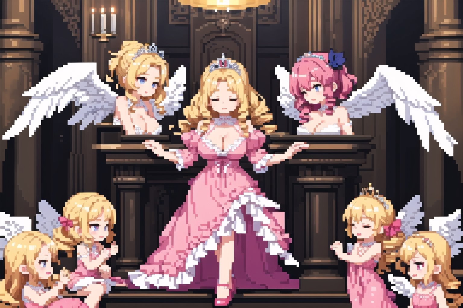 Pixel art, fresco, 1 adult woman surrounded in angels, tiara, large breasts, curly blonde hair, long hair, drill curls, eyes closed, serene expression, pink dress, victorian dress, highheels, cleavage, sistine chapel