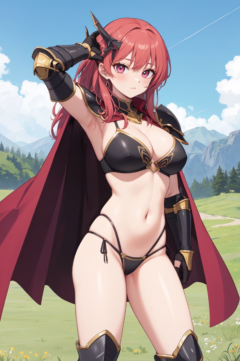 bikini armor, dark tan, sharp eyelashes, cleavage, plate armor, armored gloves, large breasts, midrif, skindendation, long hair, neck armor, shoulder armor, knee armor, armored boots, fantasy hair ornament, exposed thighs, cape, 1990s (style), grassy field background, mature female, (best quality, masterpiece), arm up, hand in hair, glamour pose