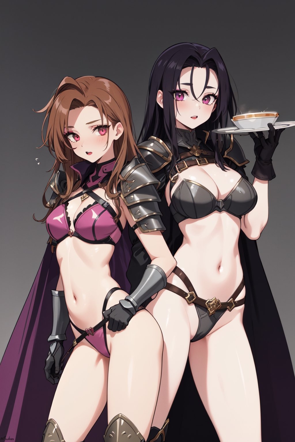 2 girls, bikini armor, dark tan, cleavage, plate armor, eyeshadow, lipstick, metal gloves, adult woman, midrif, skindendation, exposed abdomen, very long hair, neck armor, shoulder armor, armored boots, hip armor, forehead armor, exposed thighs, cape, 1990s (style), cavern background