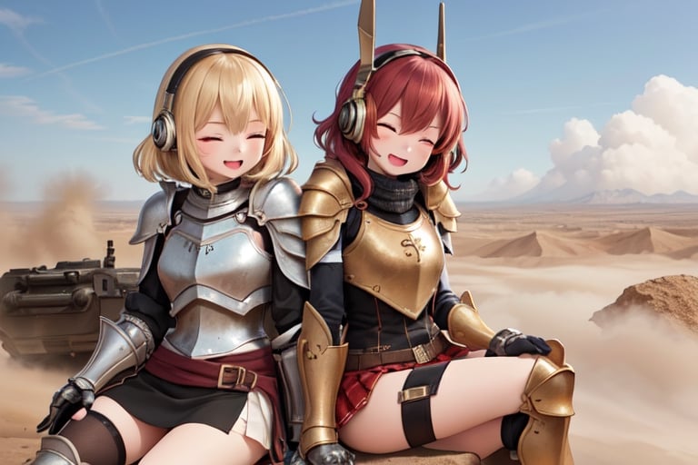 2 girls, laughing, eyes closed, hand on thigh, sitting down, tank, shoulder armor, black headphones, curly hair, armored gauntlet, desert, dust storm in background, mature female, luxtech, girl, war, tight skirt, gold, narrowed eyes, raised eyebrows,